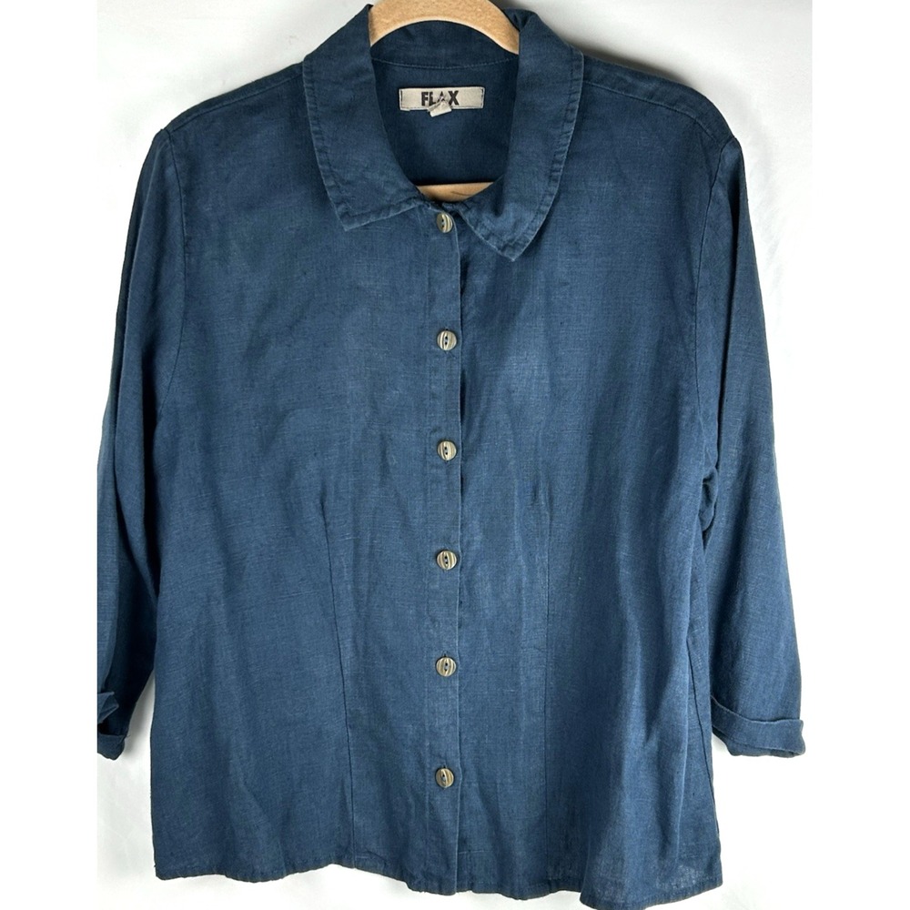 Flax Blue 100% Linen Button Blouse Top Sz M Cuffed 3/4 Sleeves Lagenlook